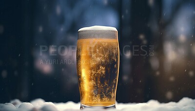 Buy stock photo Closeup, beer and pint glass on table with foam in night club, restaurant and party for celebration, new year and late event. Ai generated, alcohol and draught beverage isolated on bokeh mockup space