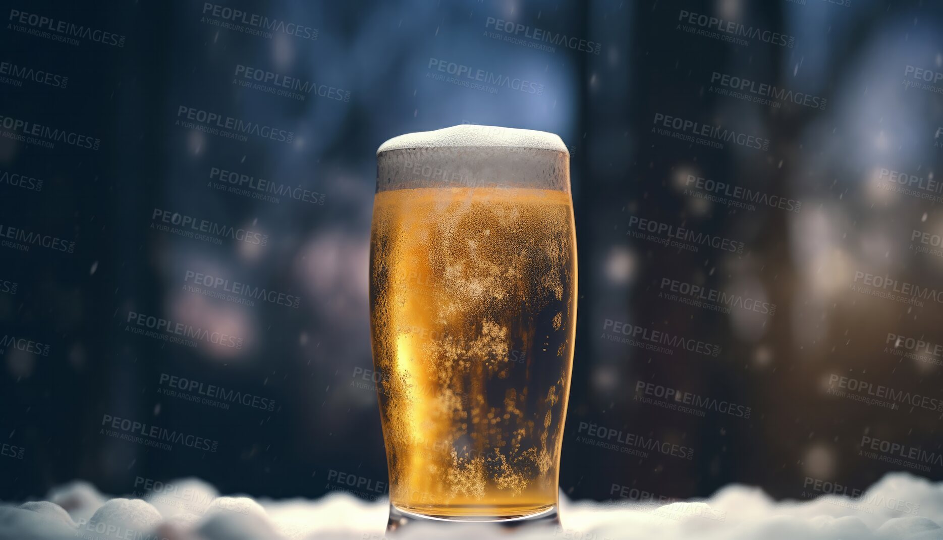 Buy stock photo Closeup, beer and pint glass on table with foam in night club, restaurant and party for celebration, new year and late event. Ai generated, alcohol and draught beverage isolated on bokeh mockup space