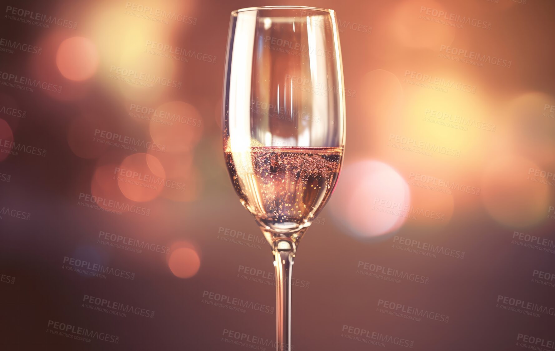 Buy stock photo Closeup, champagne or drink glass on table in night club, restaurant and party for celebration, new year and late event. Ai generated, alcohol or luxury bubble beverage isolated on bokeh mockup space