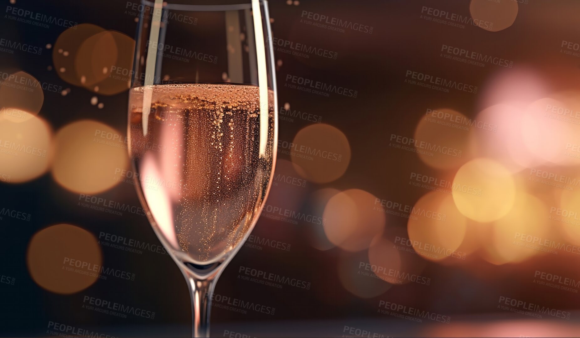 Buy stock photo Closeup, champagne or alcohol glass on table in night club, restaurant and party for celebration, new year and late event. Ai generated, drink or luxury bubble beverage isolated on bokeh mockup space