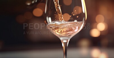 Buy stock photo Closeup, pour or rose in glass on table in night club, restaurant and party for celebration, new year and late event. Ai generated, drink and luxury alcohol beverage isolated on bokeh mockup space