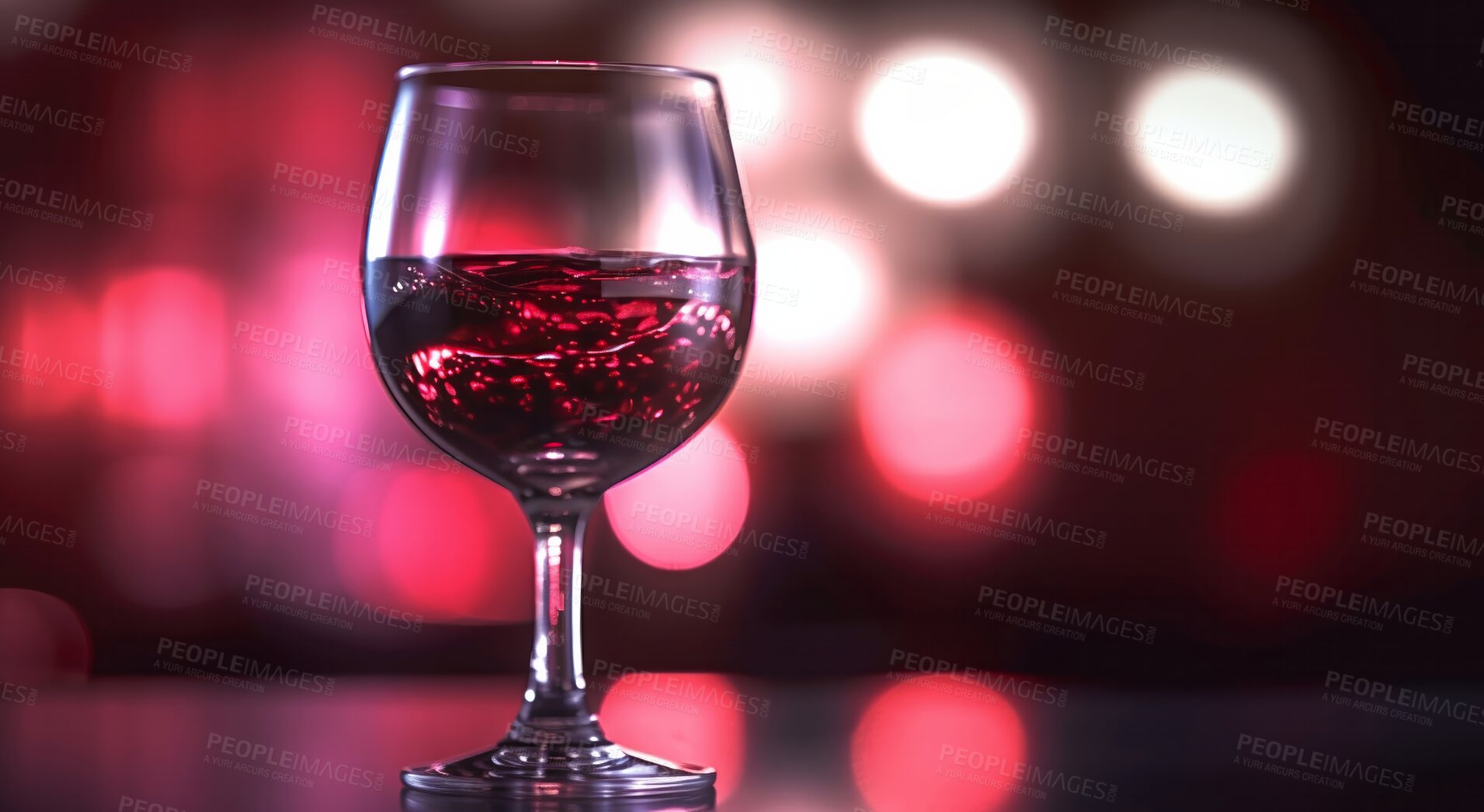 Buy stock photo Red wine glass, closeup and alcohol on table in a restaurant, night club and party for a celebration, new year and evening event. Ai generated, drink and pinot noir isolated on bokeh mock up space