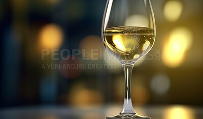 Buy stock photo Wine glass, closeup and alcohol on bar in restaurant, night club and party for celebration, new year and evening event. Ai generated, drink and sauvignon blanc isolated on bokeh mock up space