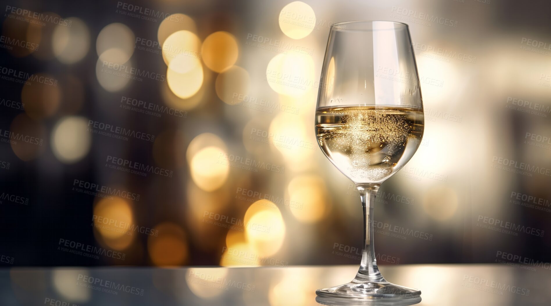 Buy stock photo Wine glass, closeup and alcohol on table in restaurant, night club and party for celebration, new year and evening event. Ai generated, drink and sauvignon blanc isolated on bokeh mock up space