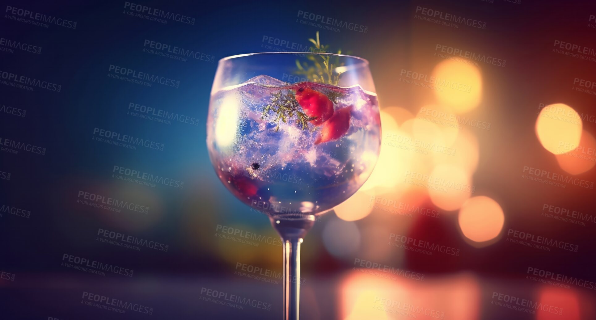 Buy stock photo Gin and tonic, closeup and cocktail glass on table in night club, restaurant and party for celebration, new year and late event. Ai generated alcohol, drink and liquor isolated on bokeh mockup space