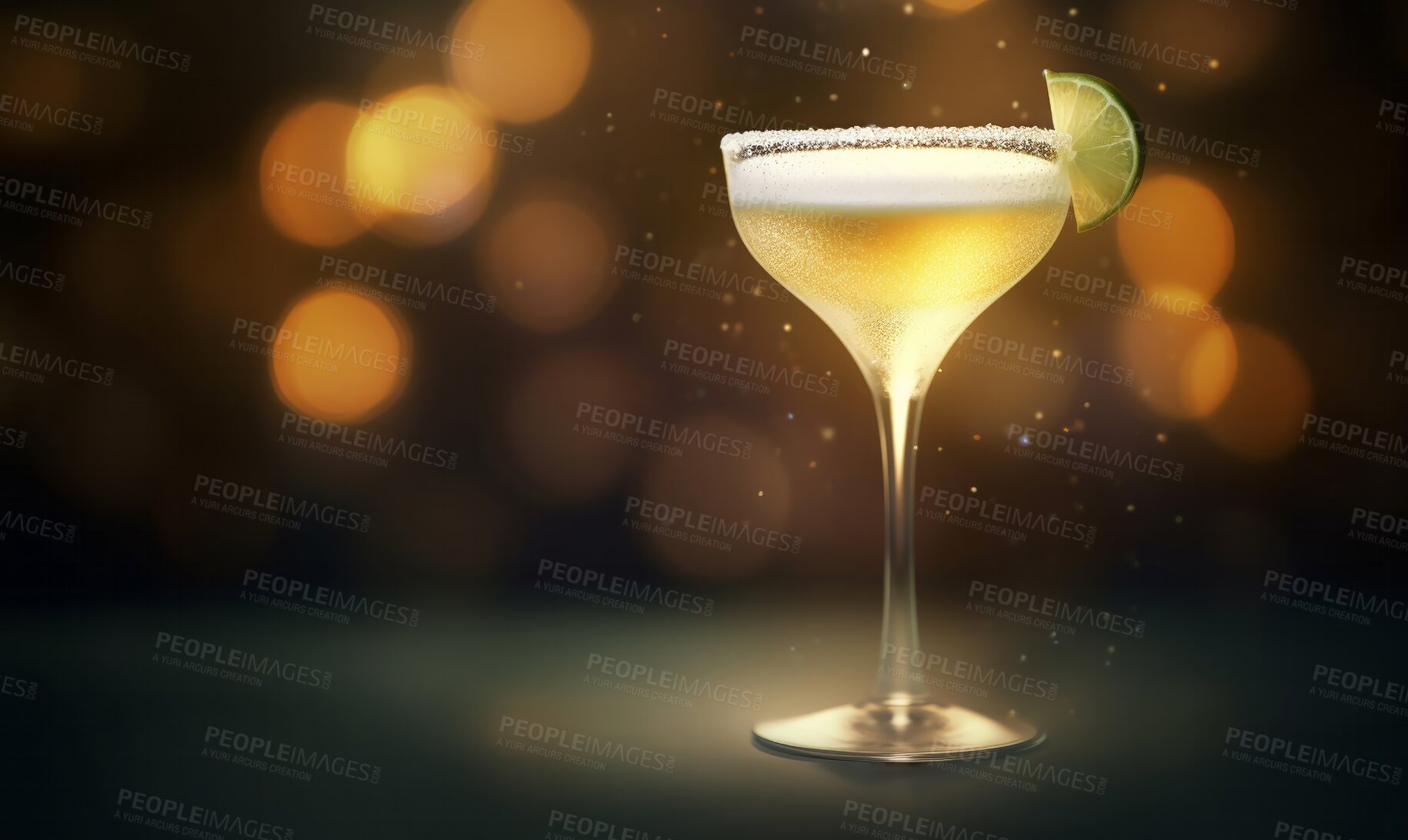 Buy stock photo Margarita, closeup and cocktail glass on table in night club, restaurant and party for celebration, new year and late event. Ai generated alcohol, drink and tequila isolated on bokeh mockup space