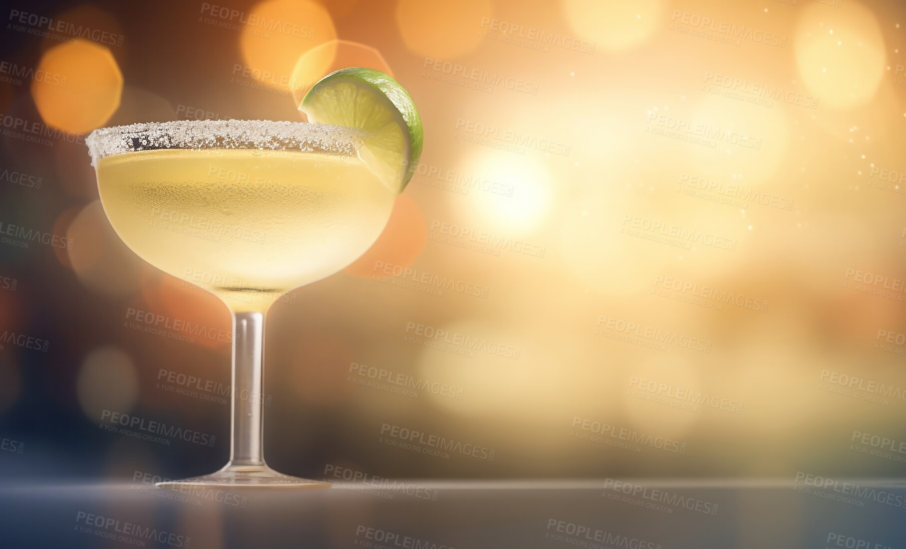 Buy stock photo Margarita, closeup and cocktail glass on bar in night club, restaurant and party for celebration, new year and late event. Ai generated alcohol, drink and tequila isolated on bokeh mockup space