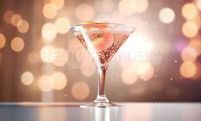 Buy stock photo Cosmopolitan, closeup and cocktail glass on table in night club, restaurant and party for celebration, new year and late event. Ai generated alcohol, drink and vodka isolated on bokeh mockup space