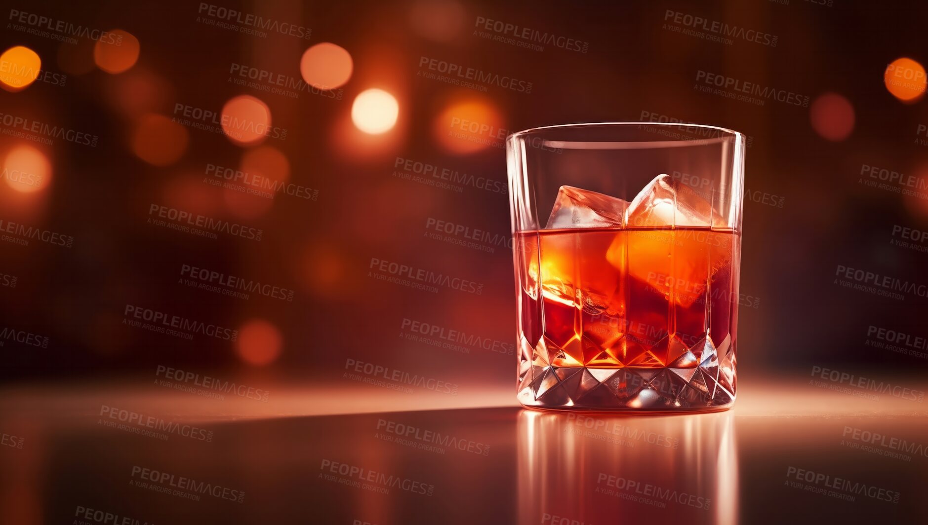 Buy stock photo Old fashioned, closeup or cocktail glass on table in night club, restaurant and party for celebration, new year or late event. Ai generated alcohol, drink or bourbon isolated on bokeh mockup space