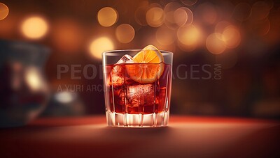 Buy stock photo Closeup, negroni or cocktail glass on bar in night club, restaurant and party for celebration, new year or late event. Ai generated alcohol, drink or vermouth liquor isolated on bokeh mockup space