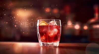 Buy stock photo Negroni spritz, closeup or cocktail glass on table in night club, restaurant and party for celebration, new year or late event. Ai generated alcohol, drink or vermouth isolated on bokeh mockup space