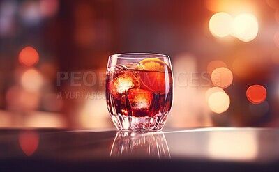 Buy stock photo Closeup, negroni or cocktail glass on table in night club, restaurant and party for celebration, new year or late event. Ai generated alcohol, drink or vermouth liquor isolated on bokeh mockup space