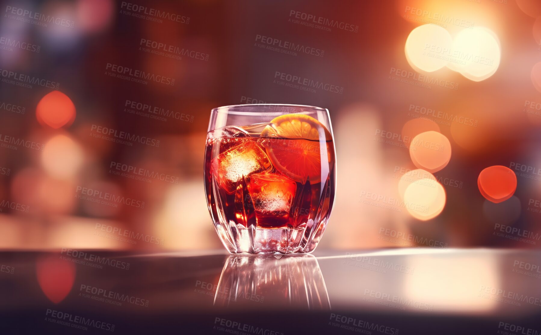 Buy stock photo Closeup, negroni or cocktail glass on table in night club, restaurant and party for celebration, new year or late event. Ai generated alcohol, drink or vermouth liquor isolated on bokeh mockup space