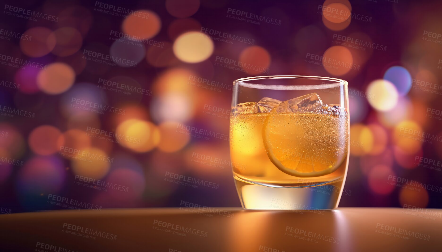 Buy stock photo Closeup, rum and cocktail glass on table in night club, restaurant and party for celebration, new year or late event. Ai generated alcohol, drink and orange liquor isolated on bokeh mockup space