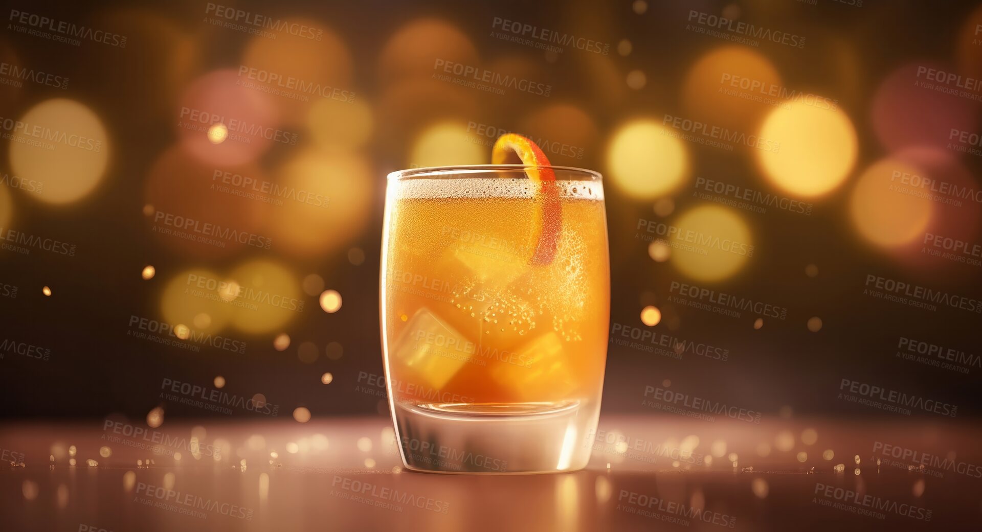 Buy stock photo Closeup, cognac and cocktail glass on table in night club, restaurant and party for celebration, new year or late event. Ai generated alcohol, drink and orange liquor isolated on bokeh mockup space