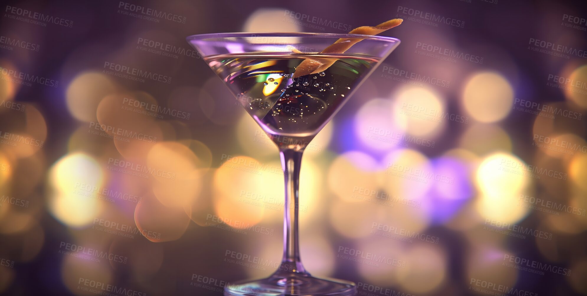 Buy stock photo Closeup, martini or cocktail glass on table in night club, restaurant or party for celebration, new year or late event. Ai generated alcohol, drink or tequila beverage isolated on bokeh mockup space