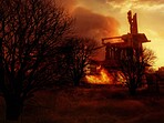 Smoke, disaster and danger with fire in house for destruction, fossil fuel and climate change. Explosion, apocalypse and ai generated with burning home for energy, flame and global warming