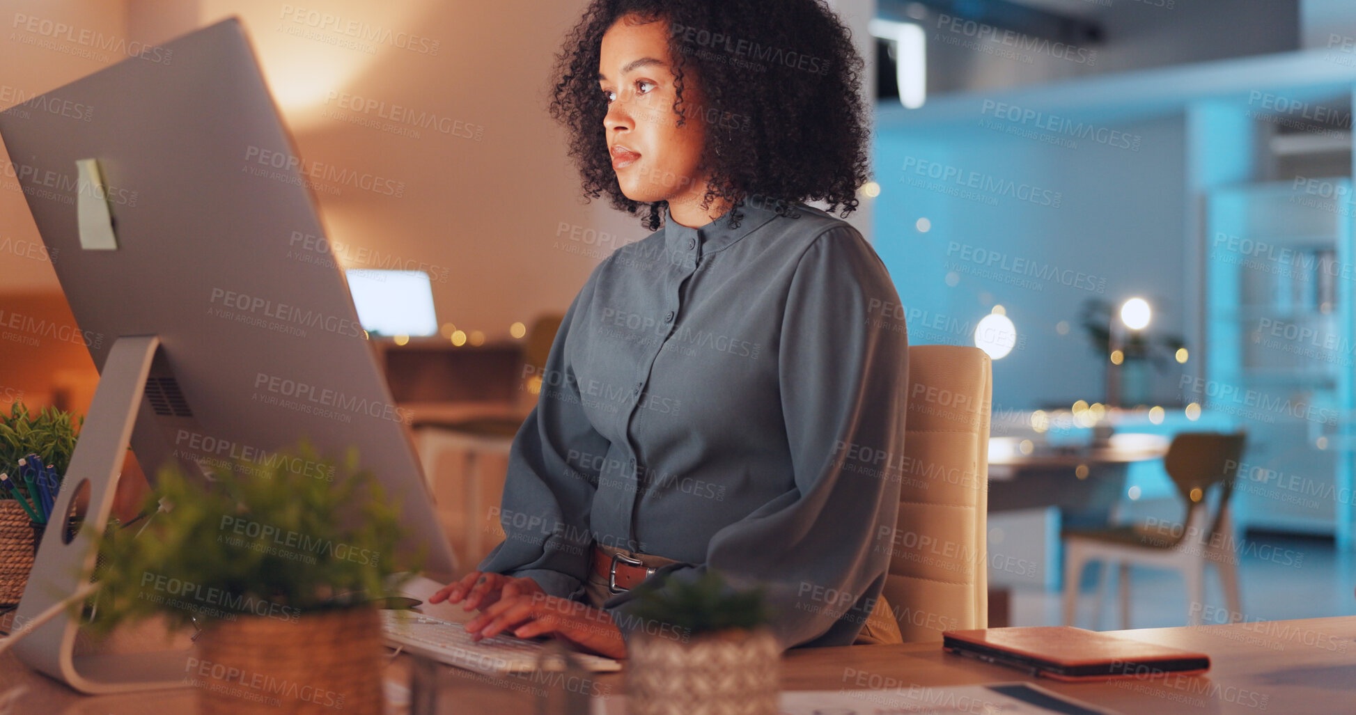 Buy stock photo Research, computer and woman in office at night working on creative project with deadline. Reading, brainstorming and professional female designer typing on desktop for overtime in workplace.