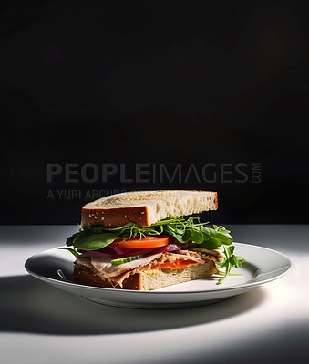 Buy stock photo Food, catering and roast chicken sandwich on table for restaurant, bakery and hospitality. Ai generated nutrition, diet and cooking with cuisine on background for lunch meal, kitchen and coffee shop