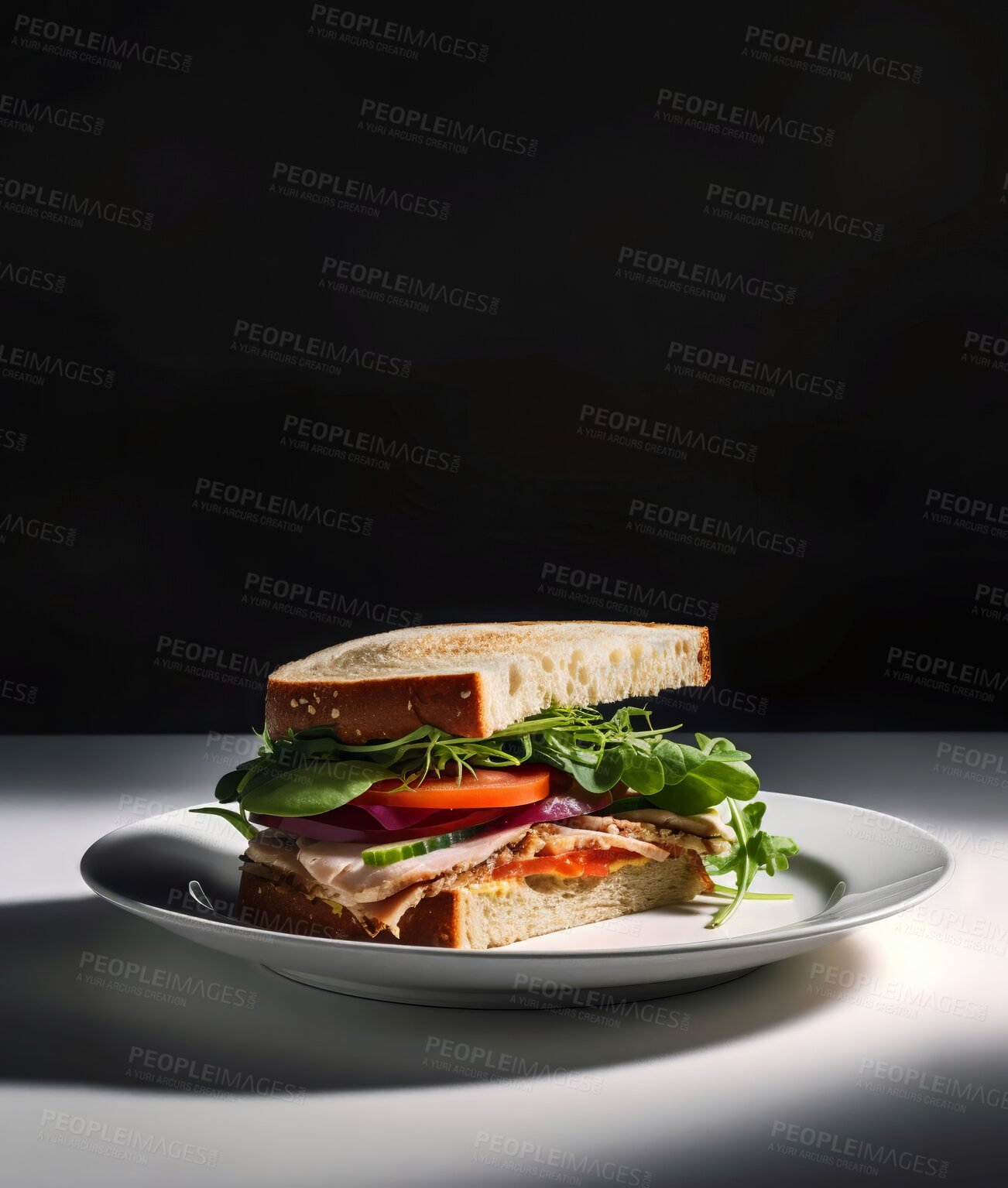 Buy stock photo Food, catering and roast chicken sandwich on table for restaurant, bakery and hospitality. Ai generated nutrition, diet and cooking with cuisine on background for lunch meal, kitchen and coffee shop