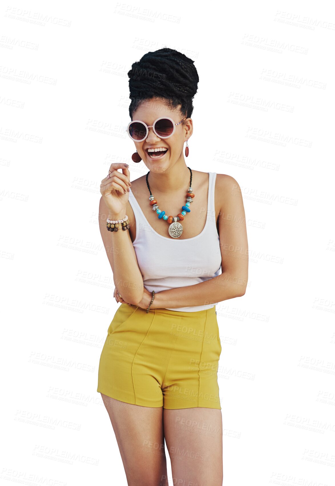 Buy stock photo Sunglasses, fashion and portrait of woman for summer with streetwear, trendy clothes or shades. Girl, happy and excited model with cool style, laughing and isolated on a transparent png background