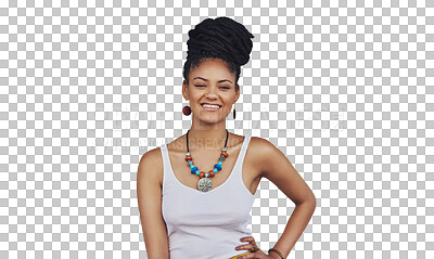 Buy stock photo Happy portrait, fashion and woman confident in casual clothes, trendy apparel or stylish outfit. Youth happiness, fashionable style and real African person isolated on transparent, png background