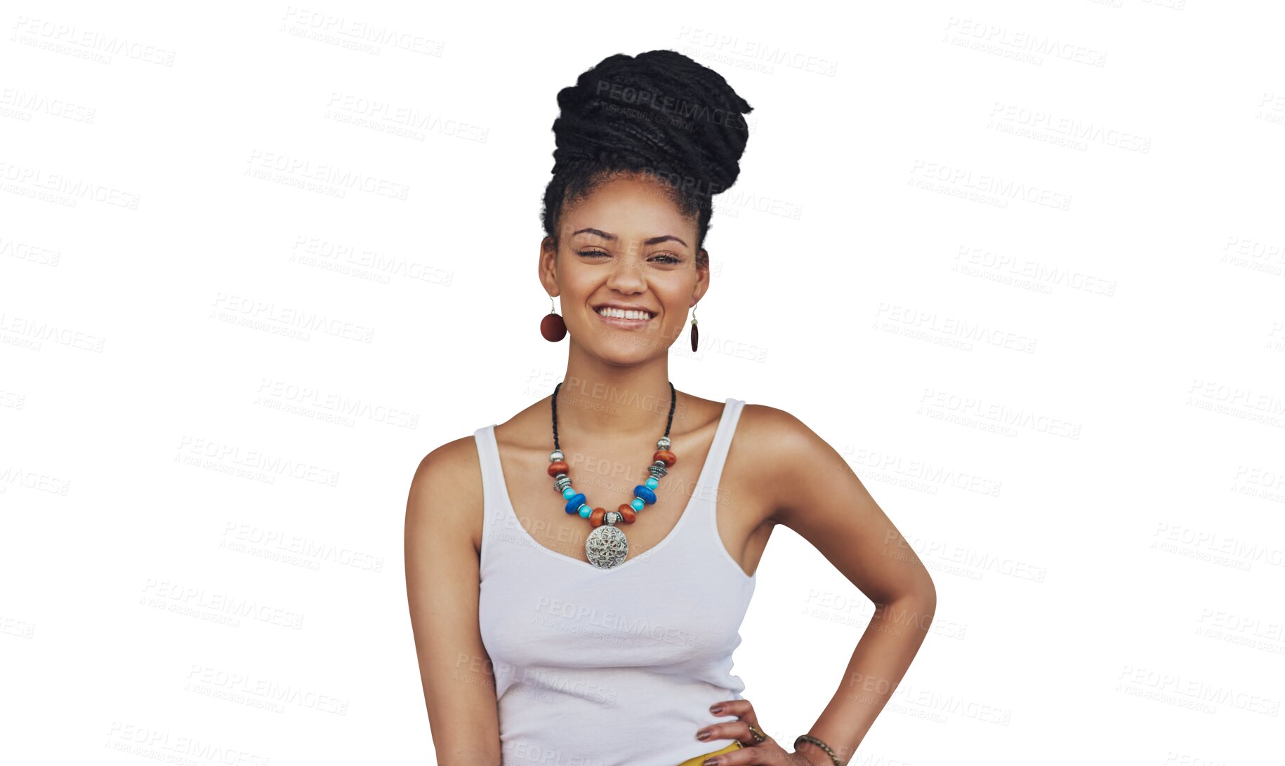 Buy stock photo Happy portrait, fashion and woman confident in casual clothes, trendy apparel or stylish outfit. Youth happiness, fashionable style and real African person isolated on transparent, png background