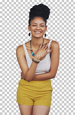 Buy stock photo Portrait, fashion and happy, young woman with casual style isolated on a transparent, png background. Natural, excited and african person laughing with funky or retail clothes, jewelry and smile