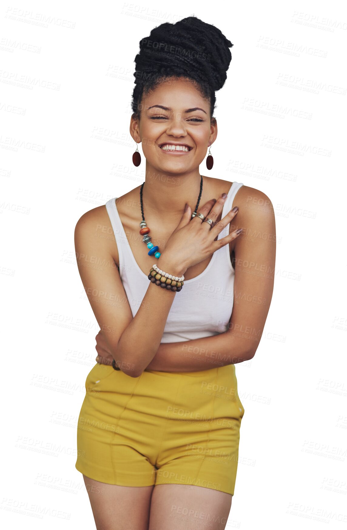 Buy stock photo Portrait, fashion and happy, young woman with casual style isolated on a transparent, png background. Natural, excited and african person laughing with funky or retail clothes, jewelry and smile