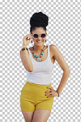 Buy stock photo Sunglasses, fashion and portrait of woman with a smile for streetwear, trendy clothes or shades. Girl, African and excited model with cool holiday style and isolated on a transparent png background