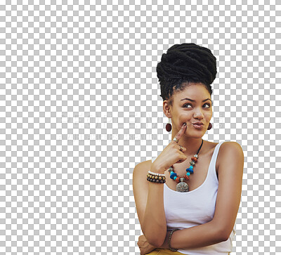 Buy stock photo Thinking, smile and woman with idea isolated on a transparent png background. Brainstorming, happy and African person or model with question, planning or problem solving, decision and remember memory