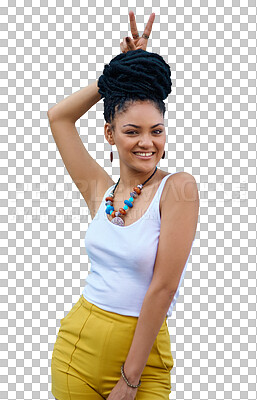 Buy stock photo Portrait, smile and bunny ears with a fashion woman isolated on a transparent background for trendy style. Hair, beauty and playful with a happy young african female person on PNG in a clothes outfit