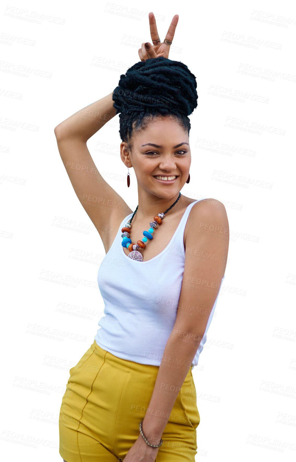 Buy stock photo Portrait, smile and bunny ears with a fashion woman isolated on a transparent background for trendy style. Hair, beauty and playful with a happy young african female person on PNG in a clothes outfit