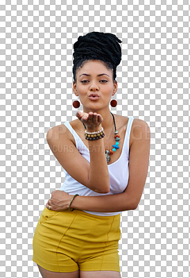 Buy stock photo Portrait, hand and kiss with an african woman isolated on a transparent background for trendy style. Hair, beauty and flirt with a confident young girl model on PNG in fashion clothes for love