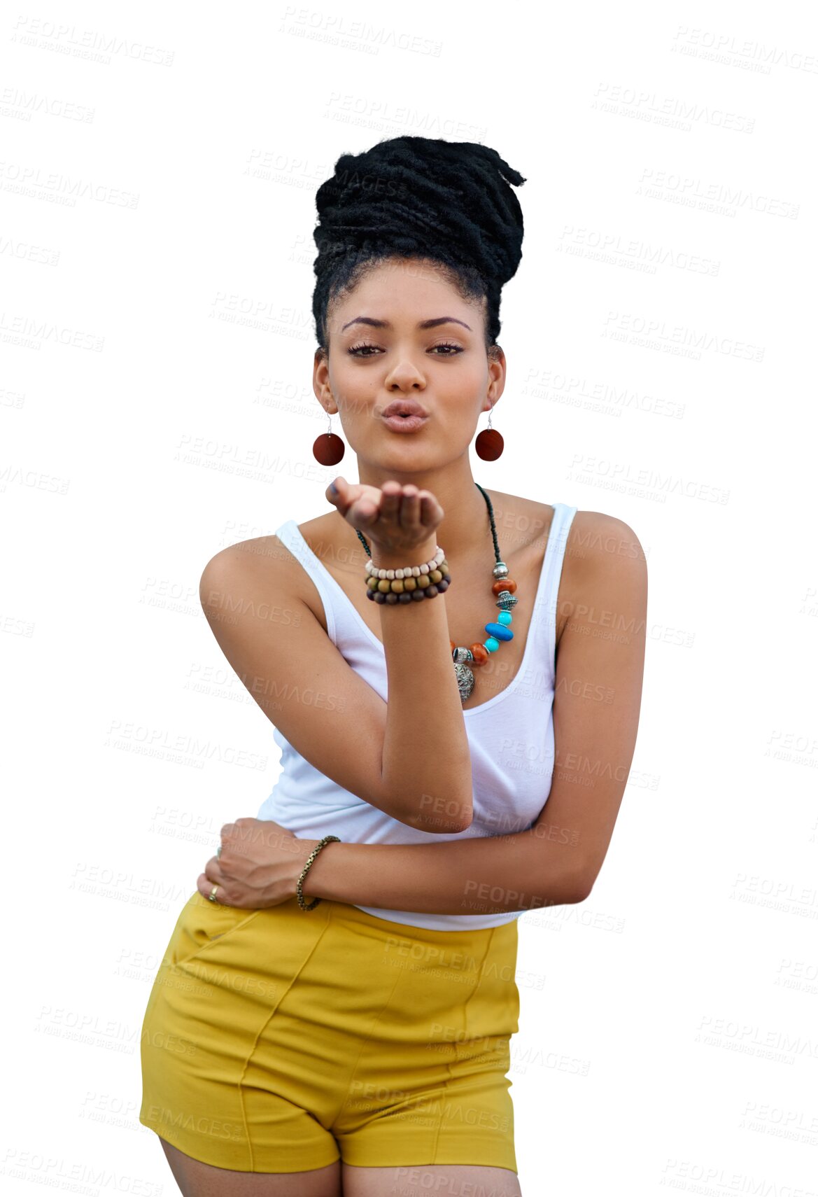 Buy stock photo Portrait, hand and kiss with an african woman isolated on a transparent background for trendy style. Hair, beauty and flirt with a confident young girl model on PNG in fashion clothes for love