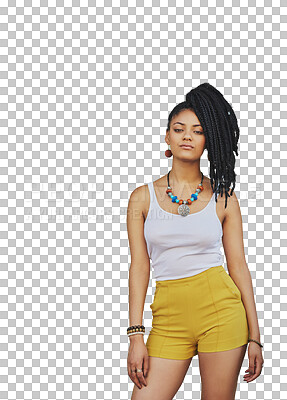 Buy stock photo Portrait, fashion and braids with an african woman isolated on a transparent background for trendy style. Hair, beauty and attitude with a confident young female model on PNG in a clothes outfit