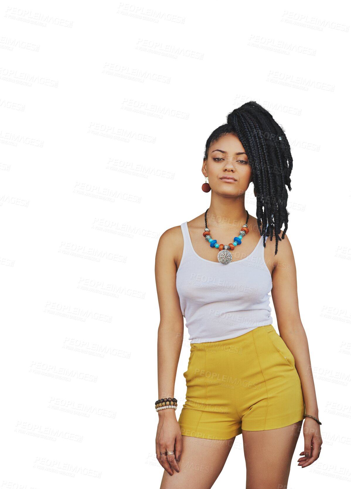 Buy stock photo Portrait, fashion and braids with an african woman isolated on a transparent background for trendy style. Hair, beauty and attitude with a confident young female model on PNG in a clothes outfit