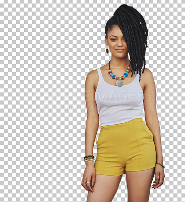 Buy stock photo Portrait, hair and beauty with an african woman isolated on a transparent background for trendy style. Fashion, attitude and confident with a serious young female person on PNG in a clothes outfit