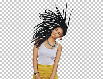 Buy stock photo Hair shake, dreadlocks and relax woman play with healthy hairstyle, locks and salon wellness, natural growth or treatment. Braids, hairdressing and real African person on transparent, png background