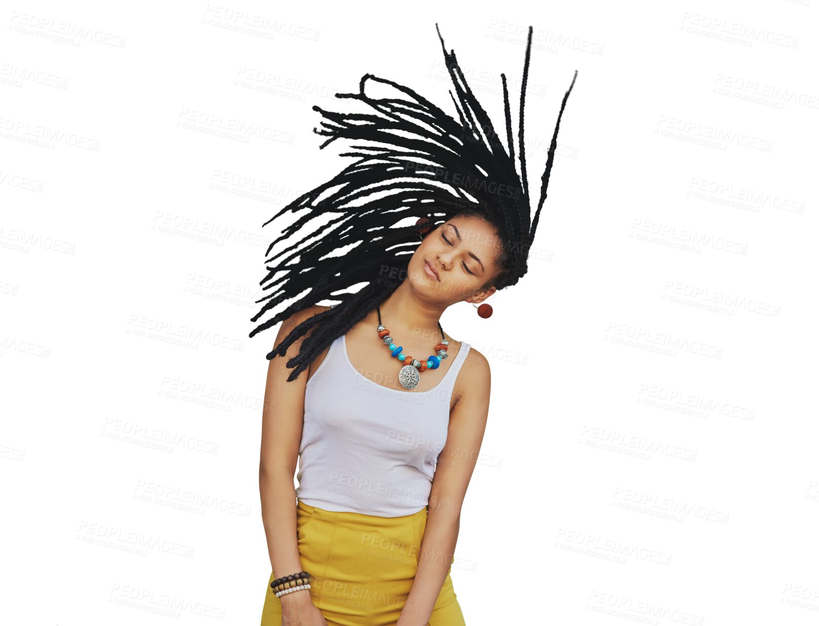 Buy stock photo Hair shake, dreadlocks and relax woman play with healthy hairstyle, locks and salon wellness, natural growth or treatment. Braids, hairdressing and real African person on transparent, png background