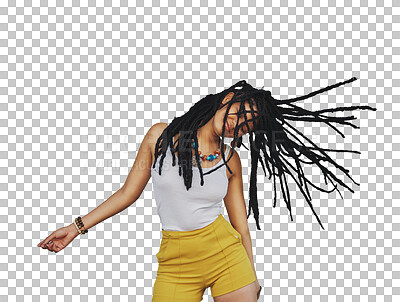 Buy stock photo Happy, dance and woman with dreadlocks hair isolated on a transparent png background. Smile, freedom and African person with braids, energy for moving to rhythm of music and celebration of party