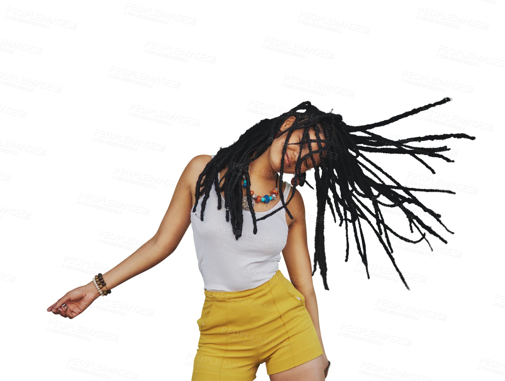 Buy stock photo Happy, dance and woman with dreadlocks hair isolated on a transparent png background. Smile, freedom and African person with braids, energy for moving to rhythm of music and celebration of party