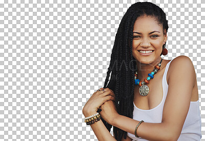 Buy stock photo Portrait, fashion dreadlocks and woman with hair isolated on a transparent png background. African person, face and natural braids for aesthetic, haircare and hairstyle for salon treatment with smile