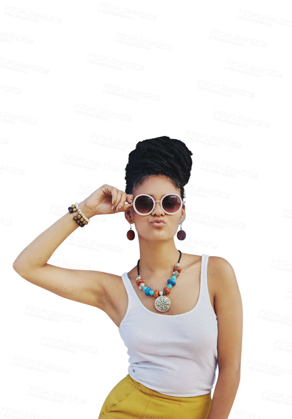 Buy stock photo Portrait, fashion and sunglasses with an african woman isolated on a transparent background for trendy style. Hair, beauty and attitude with a confident young female person on PNG in a clothes outfit