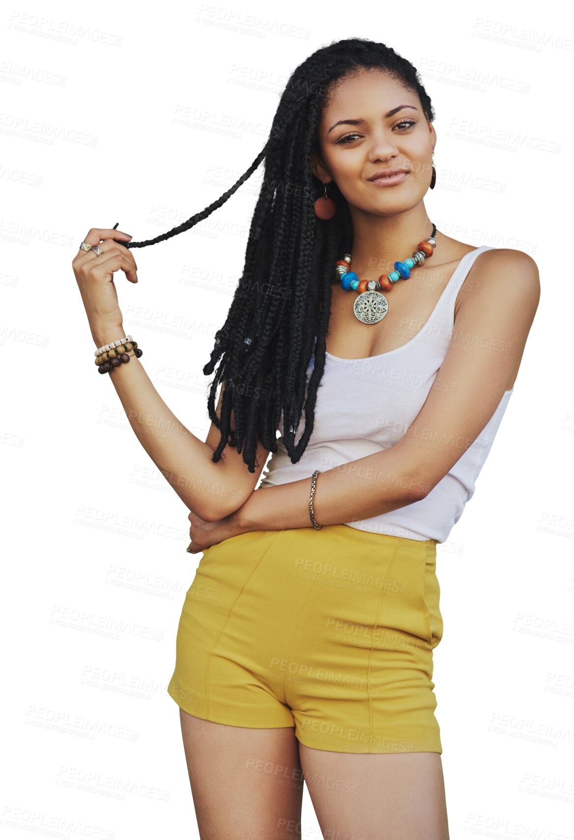 Buy stock photo Fashion portrait, dreadlocks and woman with hair isolated on a transparent png background. Person, natural braids and hairstyle, trendy or aesthetic, haircare and model at salon in South Africa