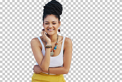 Buy stock photo Portrait, beauty and fashion with a model woman isolated on a transparent background for trendy style. Hair, smile and confident with a happy young african female person on PNG in a clothes outfit