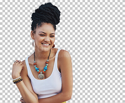 Buy stock photo Portrait, smile and african with a model woman isolated on a transparent background for trendy style. Fashion, hair and beauty with a happy young female person on PNG, confident in a clothes outfit