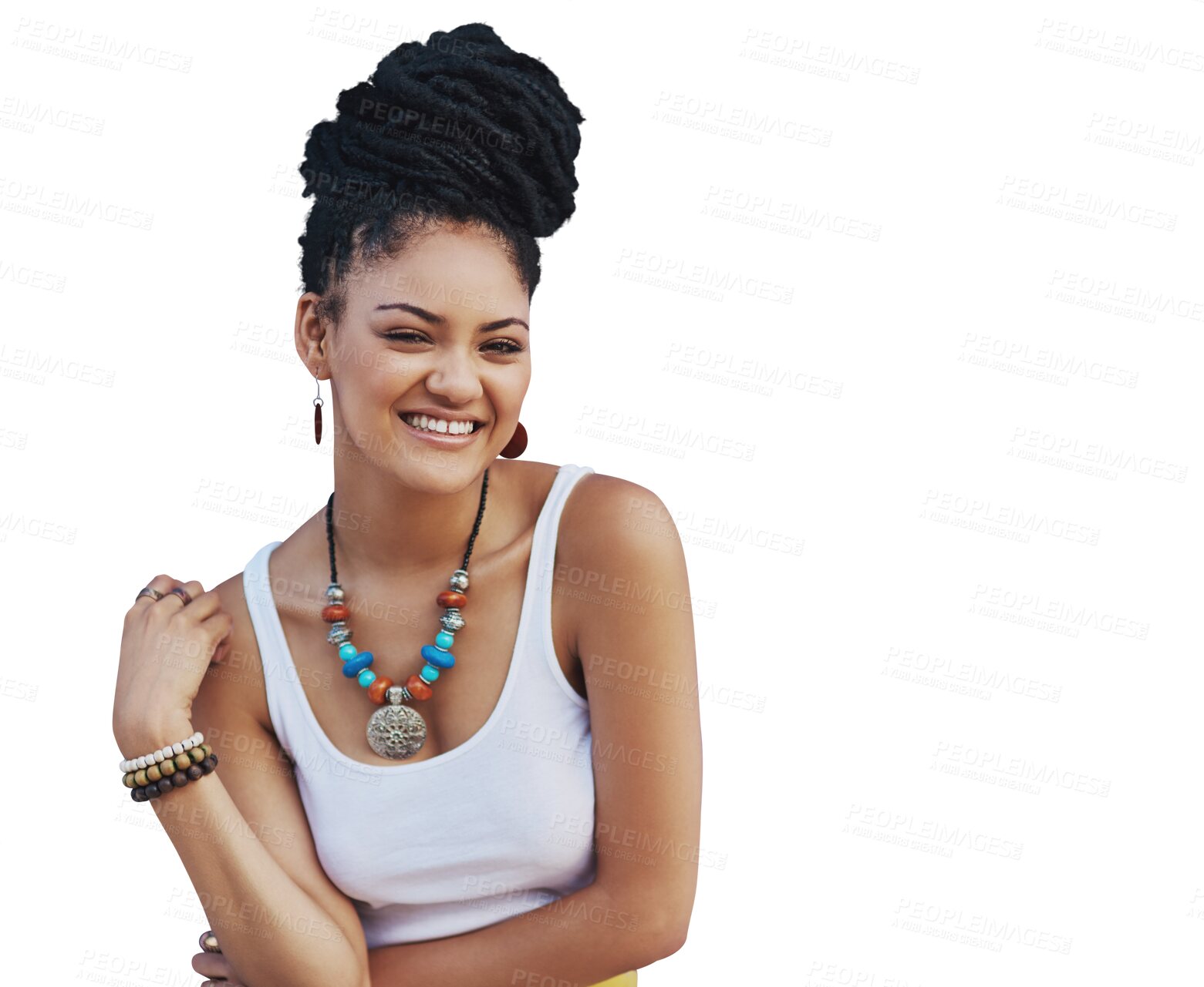 Buy stock photo Portrait, smile and african with a model woman isolated on a transparent background for trendy style. Fashion, hair and beauty with a happy young female person on PNG, confident in a clothes outfit