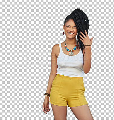 Buy stock photo Portrait, happy and hair with an african woman isolated on a transparent background for trendy style. Gen z, smile or beauty and a confident young female person with braids on PNG in a clothes outfit