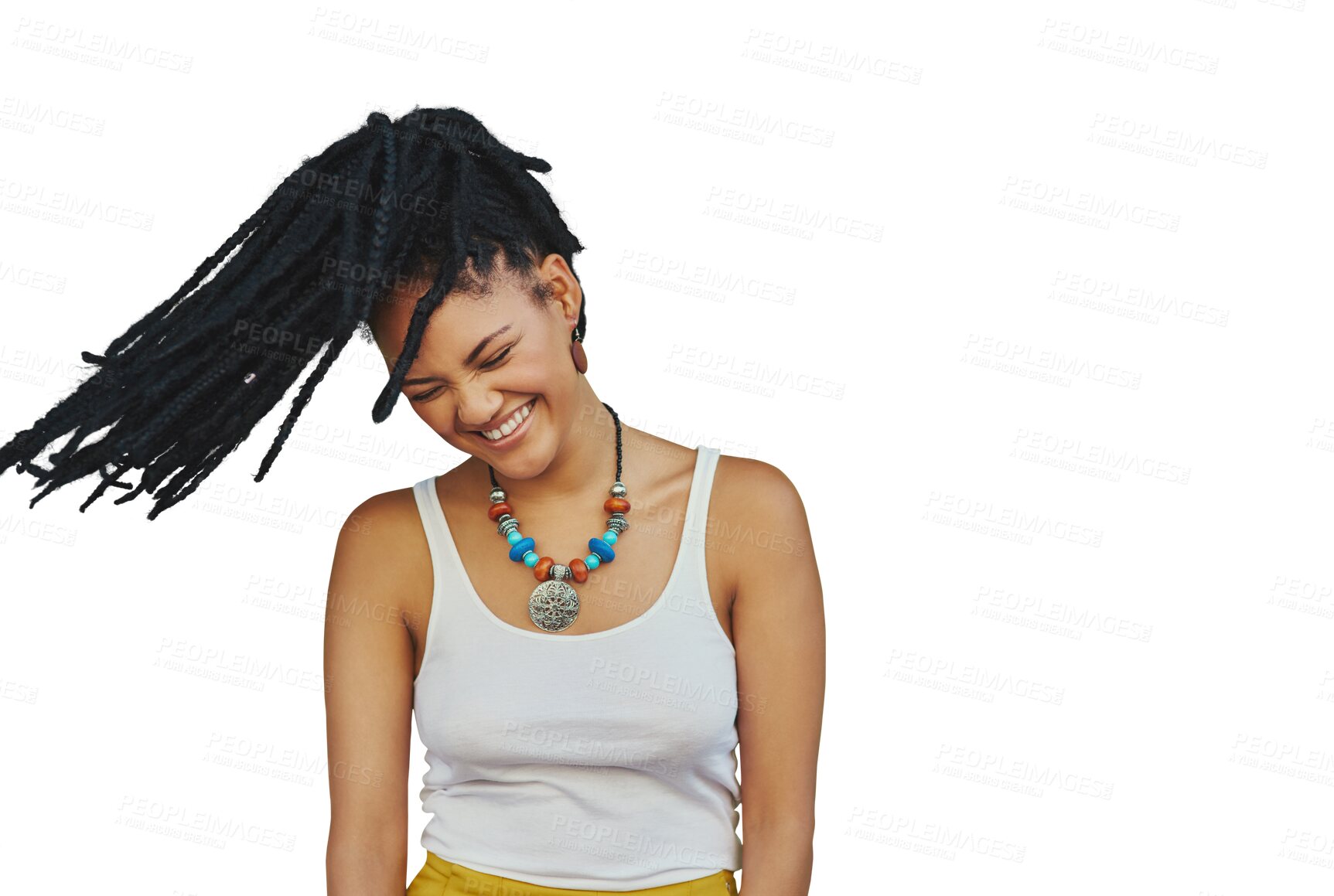 Buy stock photo Happy, whip hair and woman with dreadlocks isolated on a transparent png background. Smile, freedom and African person with braids, energy for dancing to rhythm of music and celebration of party